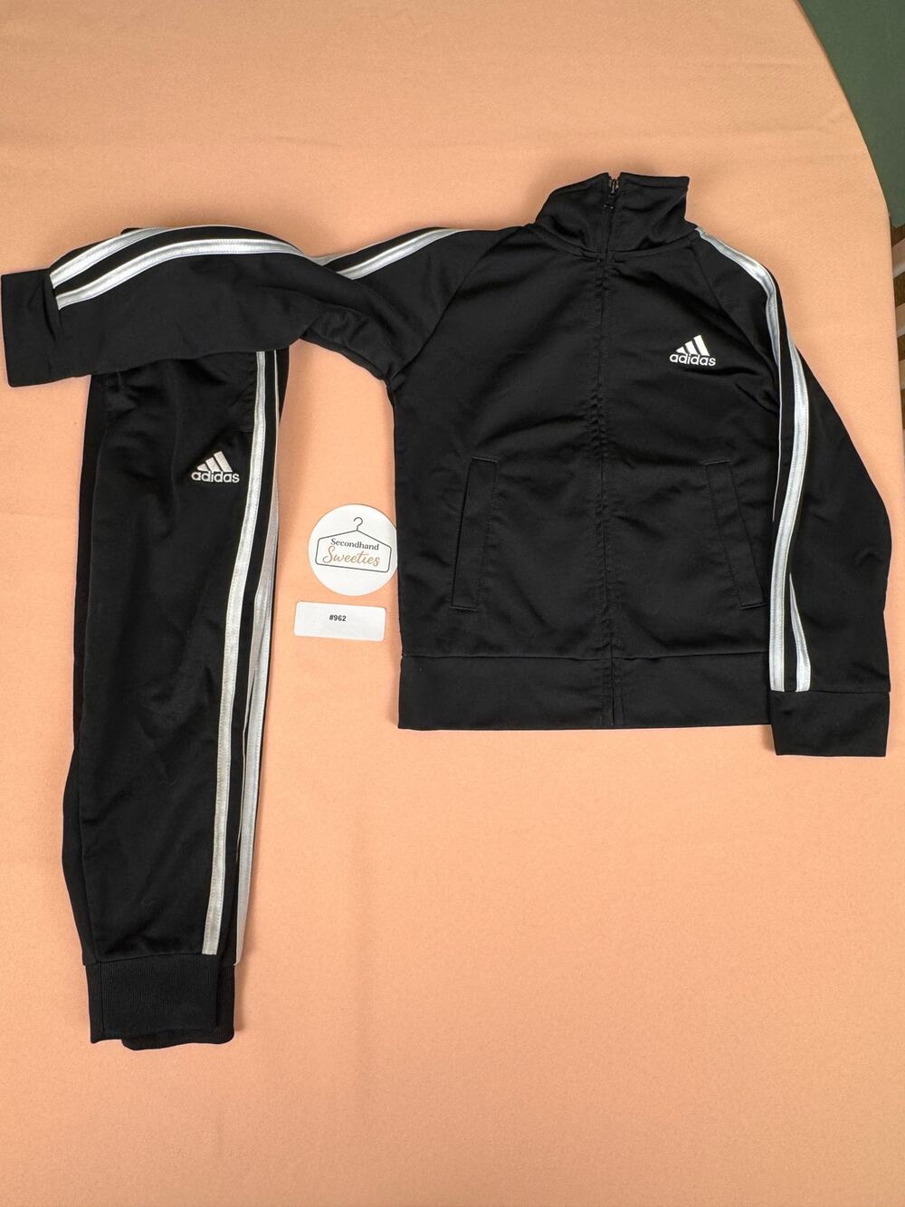 Adidas Black 3-Stripe Tracksuit Jacket & Pants Set Size 4 #962